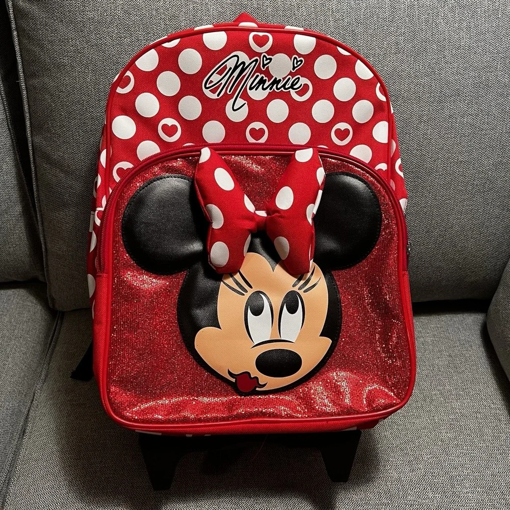 Disney‎ Store Authentic Minnie Mouse Rolling Backpack Kids Youth- EUC Glitter